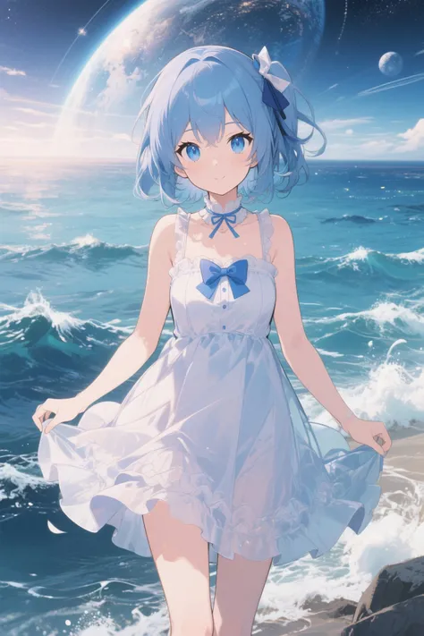 Full body.  Poster art by Tomokazu Matsuyama, featured on pixiv, space art,game art,  official art, cute, beautiful,blue eyes、2D、 anime  beautiful girl,cute ,adorable,sea wind background.Full body