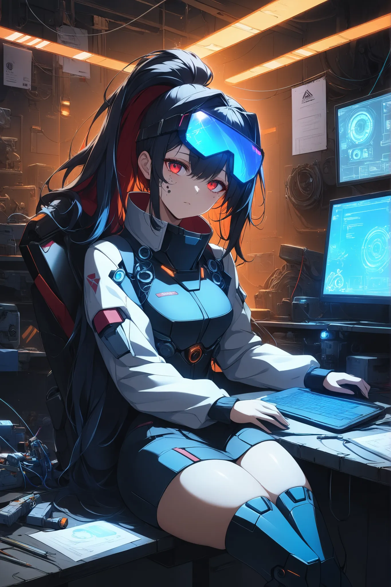 ((masterpiece)), ((RAW 4K)), ((anime-real fusion)), ((extreme detail)), ((extreme cloth detail)), ((extreme eye detail)), ((beautiful face)), medium shot, cyberpunk female engineer with black high ponytail, glowing red eyes, sitting at a cluttered workshop...