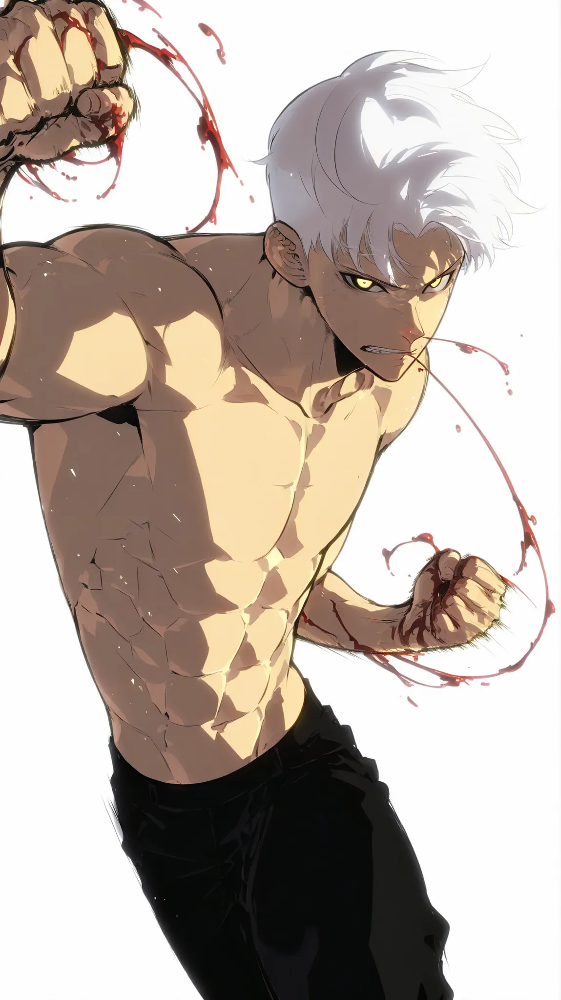 Handsome, Athletic, alone, male, Short spicky hair, long white hair, black yellow eye, no shirt, black pants, , intricate sketch, expressive eyes nose and mouth, Abs, simple pose, clench fist, martial art stance, blood on his fists , perfect Anatomy , punc...