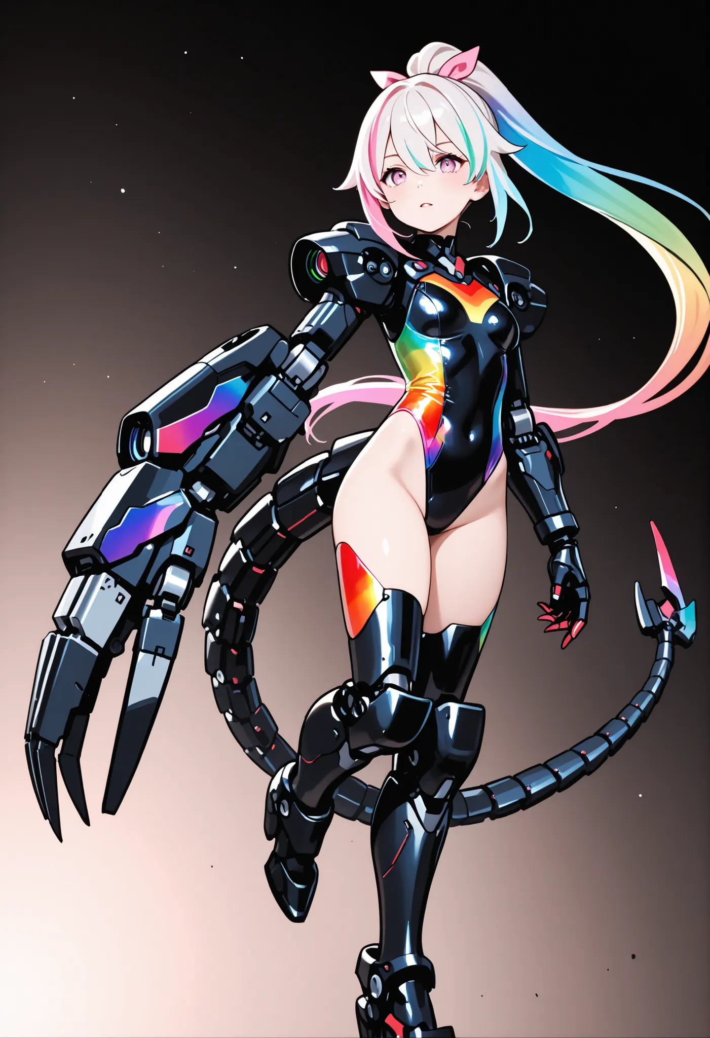 Mechanical Armed Girl. Cyber ​​Leotard. Light Colored Hair. Ponytail Hair. Long Hair. Black Main Color. Rainbow Pigment Costume. Mechanical Armed Arm. Large Arm. Cancer Scissor Claw. Mechanical Tail.