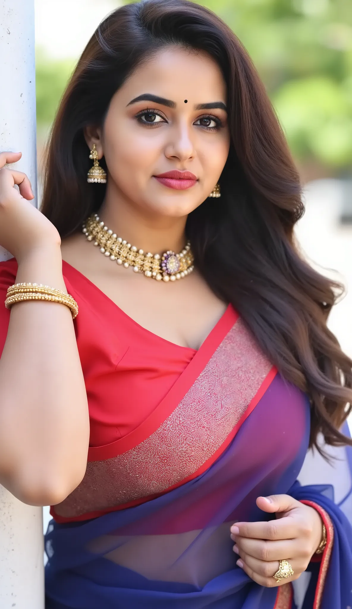 Indian beautiful woman sexyi , Heavy traffic on road,facing to camera in standing position leaning to light pole of the divider  ,She standing on a road divider with heavy traffic by side people looking at her from there cars, posing for camera leaning on ...