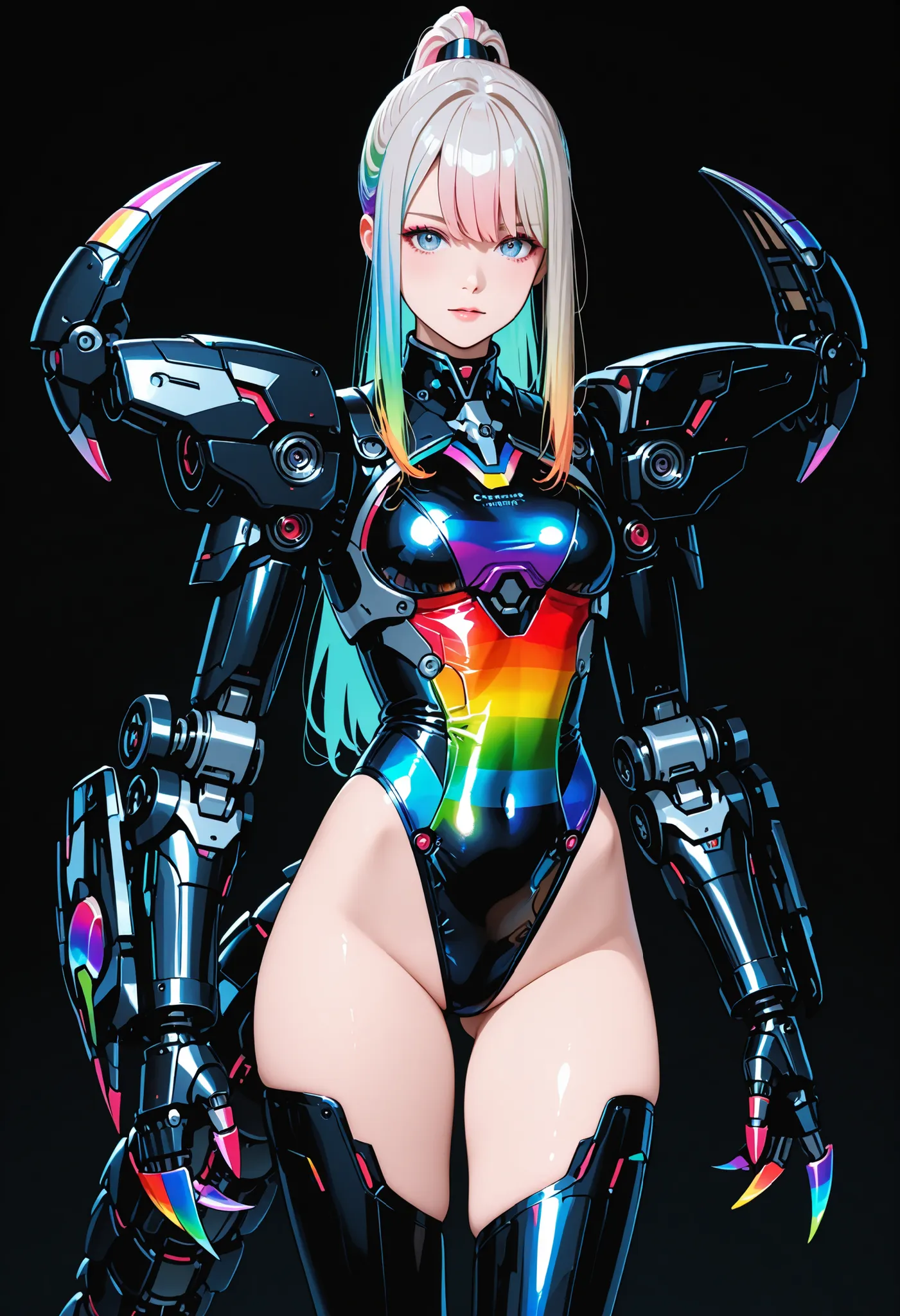 Mechanical Armed Girl. Cyber ​​Leotard. Light Colored Hair. Ponytail Hair. Long Hair. Black Main Color. Rainbow Pigment Costume. Mechanical Armed Arm. Large Arm. Cancer Scissor Claw. Mechanical Tail.