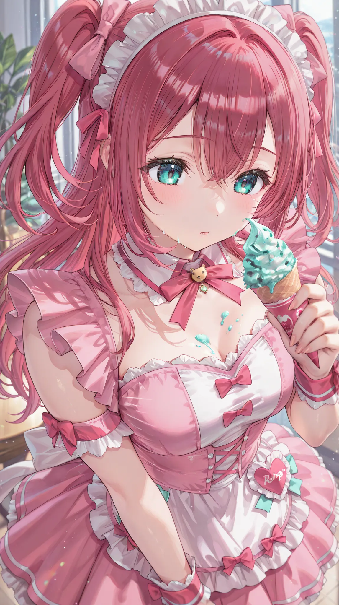 ((( details - perfect))), solo, 1 girl, Kurosawa Ruby、pink maid outfit、Holding mint ice cream in hand