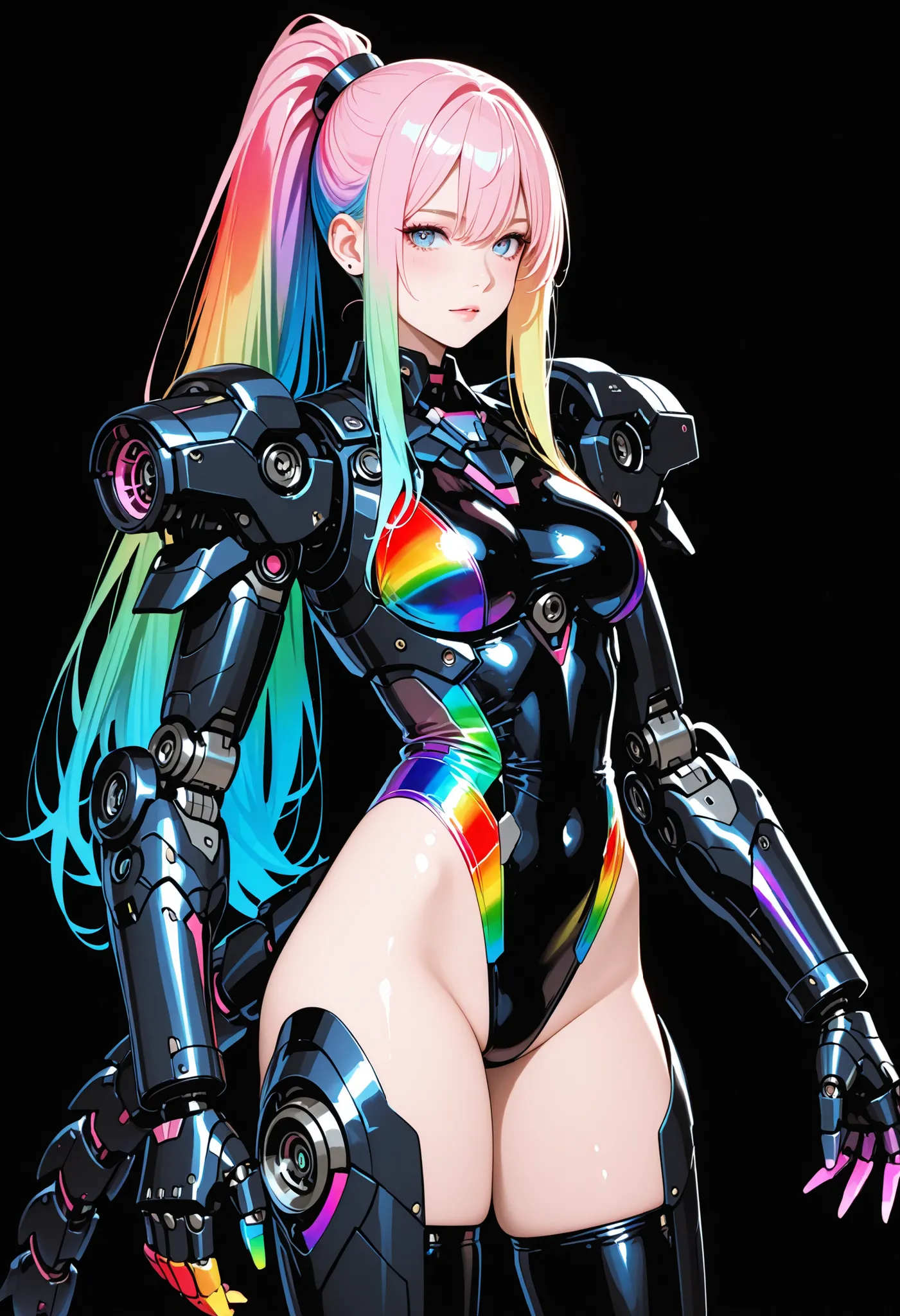 Mechanical Armed Girl. Cyber ​​Leotard. Light Colored Hair. Ponytail Hair. Long Hair. Black Main Color. Rainbow Pigment Costume. Mechanical Armed Arm. Large Arm. Cancer Scissor Claw. Mechanical Tail.