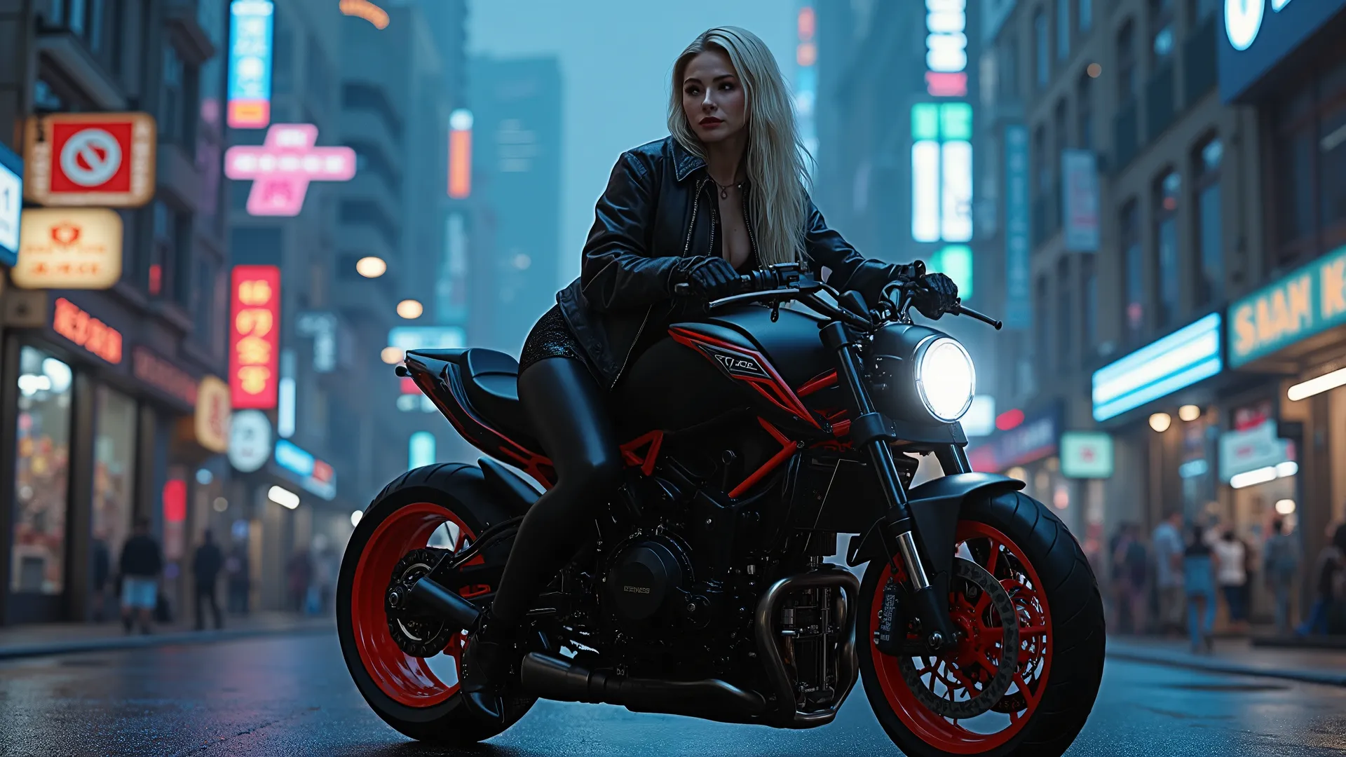 Beatiful Cyberpunk girl with long white hair on a futuristic sci-fi motorcycle with a city at night in the background. The scene is located on the street, with small shops on the sides. Girl is wearing tight black leather dress and jacket. Overall dark and...