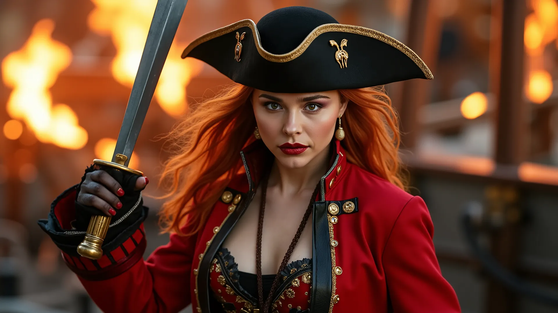 A stunning female pirate with fiery red hair, fierce eyes, wearing a bold red pirate coat with gold details, wielding a cutlass, standing confidently on a ship deck with flames in the background, zodiac Aries symbol glowing on her hat.