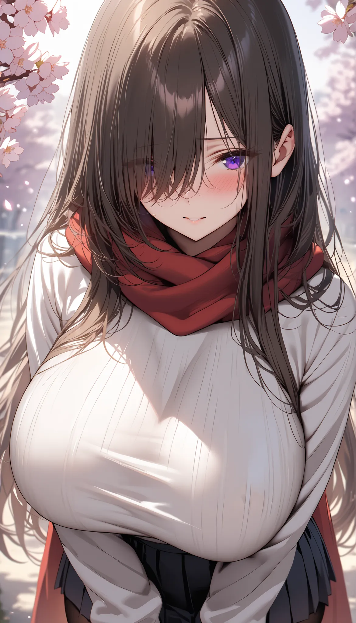 (masterpiece, Highest quality:1.2), (1girl), alone, ((long hair)) ,((dark brown hair)), ((straight hair)), ((hair over face)), (hair over one eye), (hair over right eye), high detail, bloom, ((detailed face)), (beautiful effects), (((white Sweater high ne...