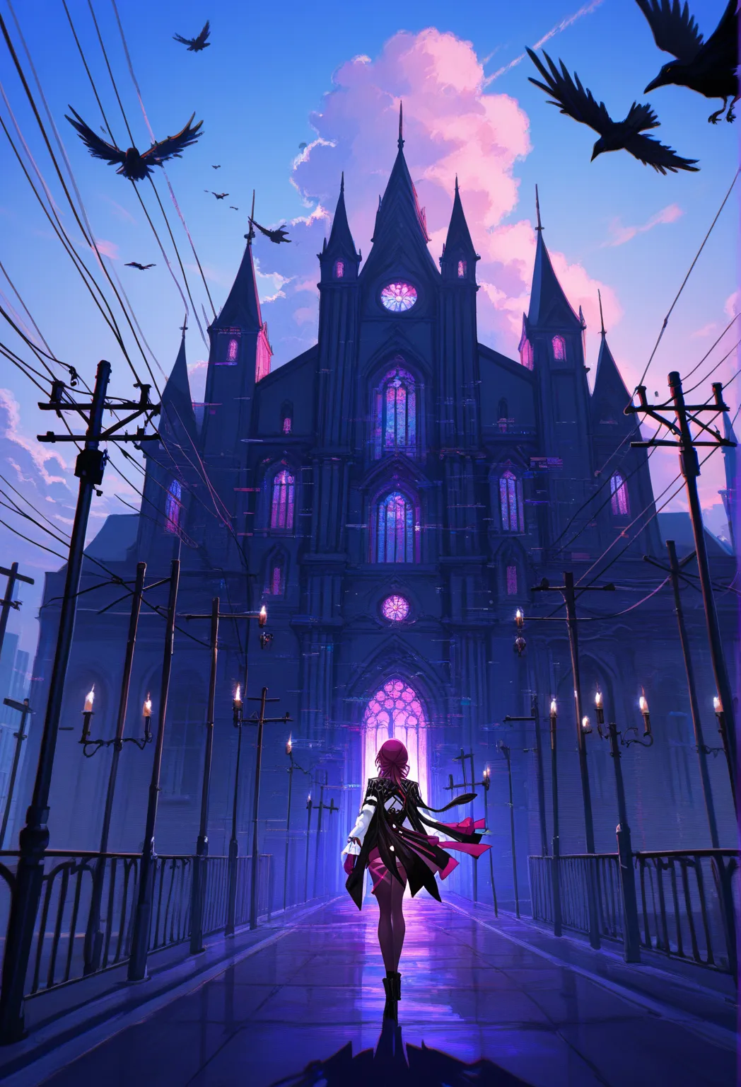 1girl, solo, Kafka_(honkai: star rails), purple hair, Crow, electric poles, many electric poles, sky, candles, outside house, outdoor, dreamy shadow, confession, standing, from behind, center composition, looking to the sky, claudy sky, empty city, gothic buildings, masterpiece, no text, walking by, cloud, delicate color, (fuzichocho:0.655, quasarcake:1.55, 748/(style/):0.66), abstract:0.444, glitch:0.5213123 