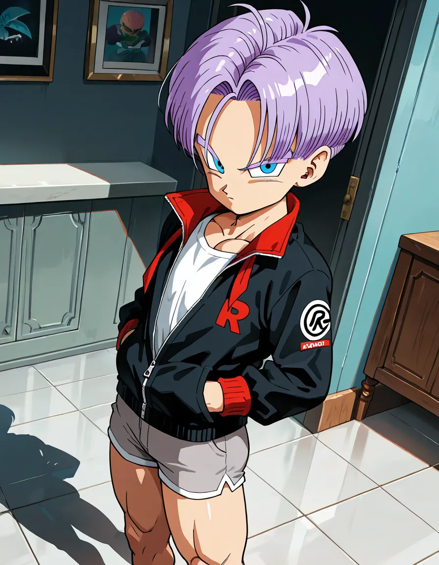 cover, cute expressive face, Trunks (dragon ball)-1 male focus, purple_Trunks (dragon ball)_hair, blue_Trunks (dragon ball)_eyes, looking at viewer, shiny skin, hands in pocket, formal white shirt, red school tie, grey school tight short shorts, flat chest, slim, nice butt, alternative costume, indoors, shadow, dynamic angle, dynamic action, from one side, atmospheric perspective, intricately detailed, depth of field, masterpiece, best quality, amazing quality, very aesthetic, absurd, newest, wide awake
