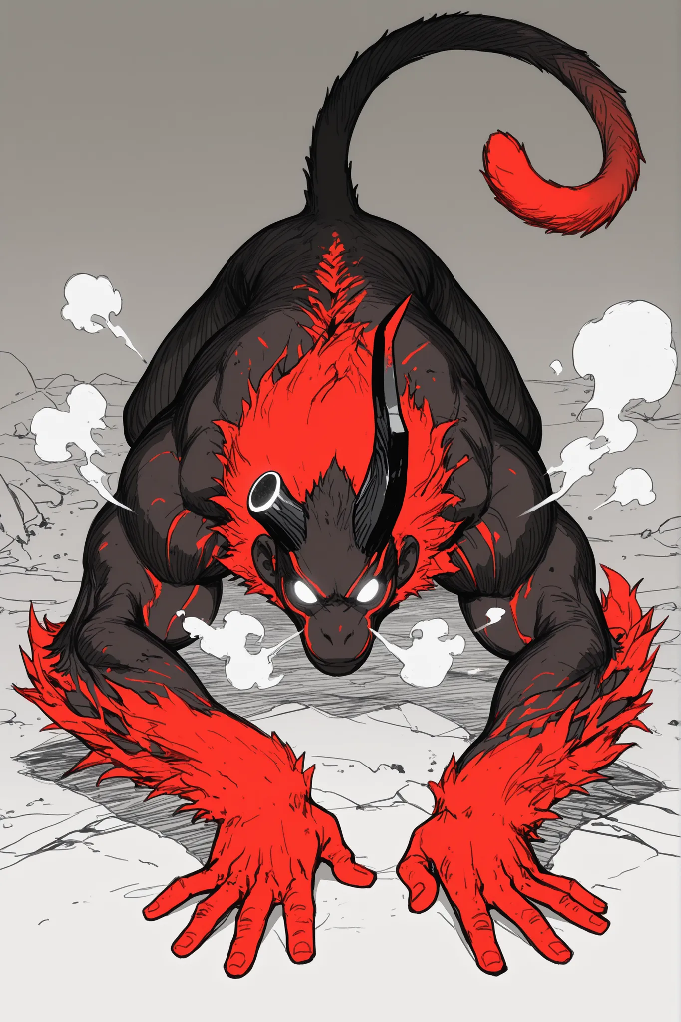 Game monster, sketch, concept art, monkey mandrill, bright color,  Breath steam, black and red furr, white eyes, round eyes , glowing eyes, muscular, on plain white canvas, rough, thin lines, 2d, concepts art, On all fours, large, wide front arms, and smal...