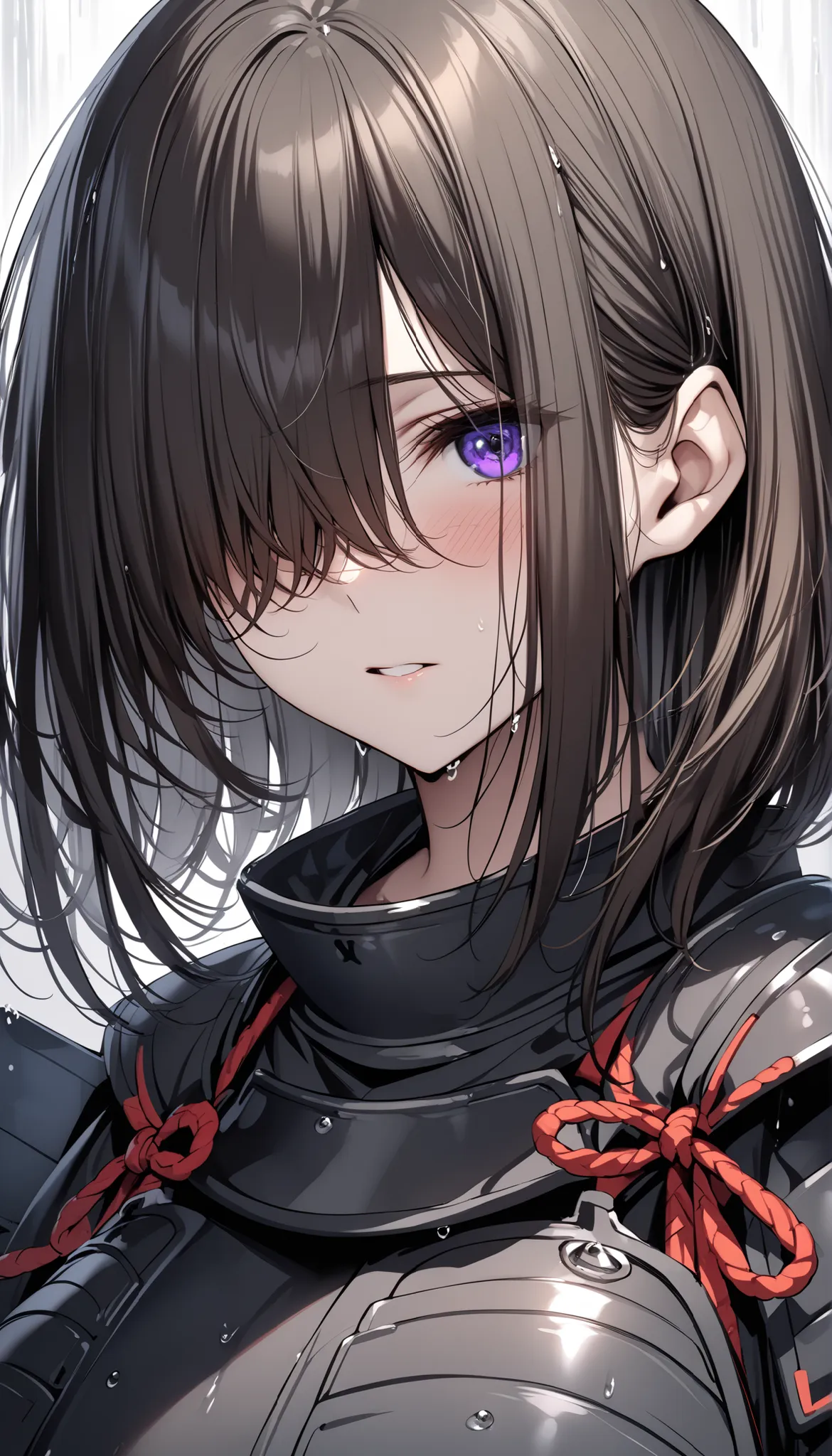 (masterpiece, Highest quality:1.2), (1girl), alone, ((medium hair)),((dark brown hair)), ((straight hair)), ((hair over face)), (hair over one eye), (hair over right eye), purple eyes, (huge breast), high detail, bloom, ((detailed face)), (beautiful effect...