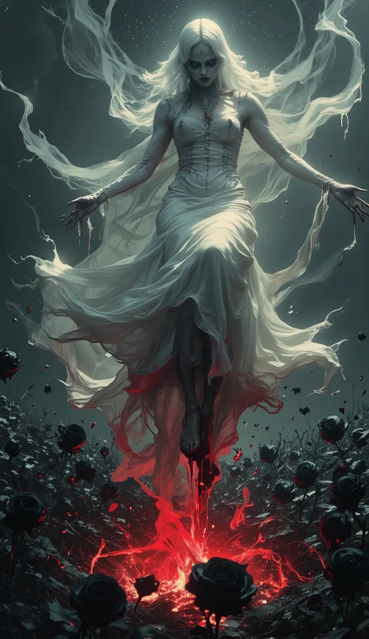A cursed bride floating mid-air in a rift between life and death, her body half decayed, half divine. Her veil stretches into the void like spider silk. Blood drips from her hands and feet, suspended in time. Below, a field of withered black roses burns sl...