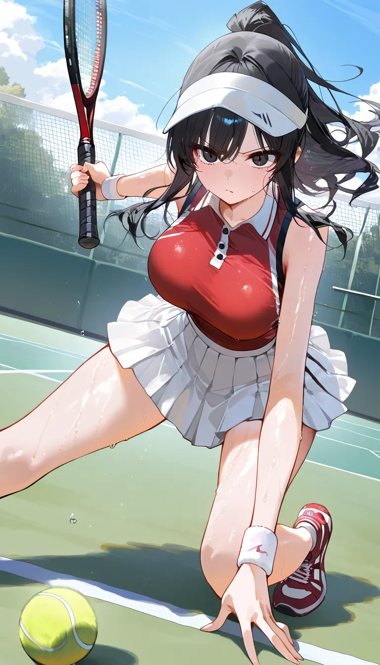 (beautiful girl : 1.3),1 girl,(tennis wear,pleated skirt,wristband,sneakers,sun visor in address),black hair,wave hair,no expression,sweat,Hit a tennis ball with a tennis racket,tennis court,active,Dynamic Angle,masterpiece,Highest Quality,rich contrasts,high image quality,8k,High Definition CG Unit Wallpaper,texture,unbelievably absurd, RAW photos ,Deep Boundaries 1 .2,very detailed from below si