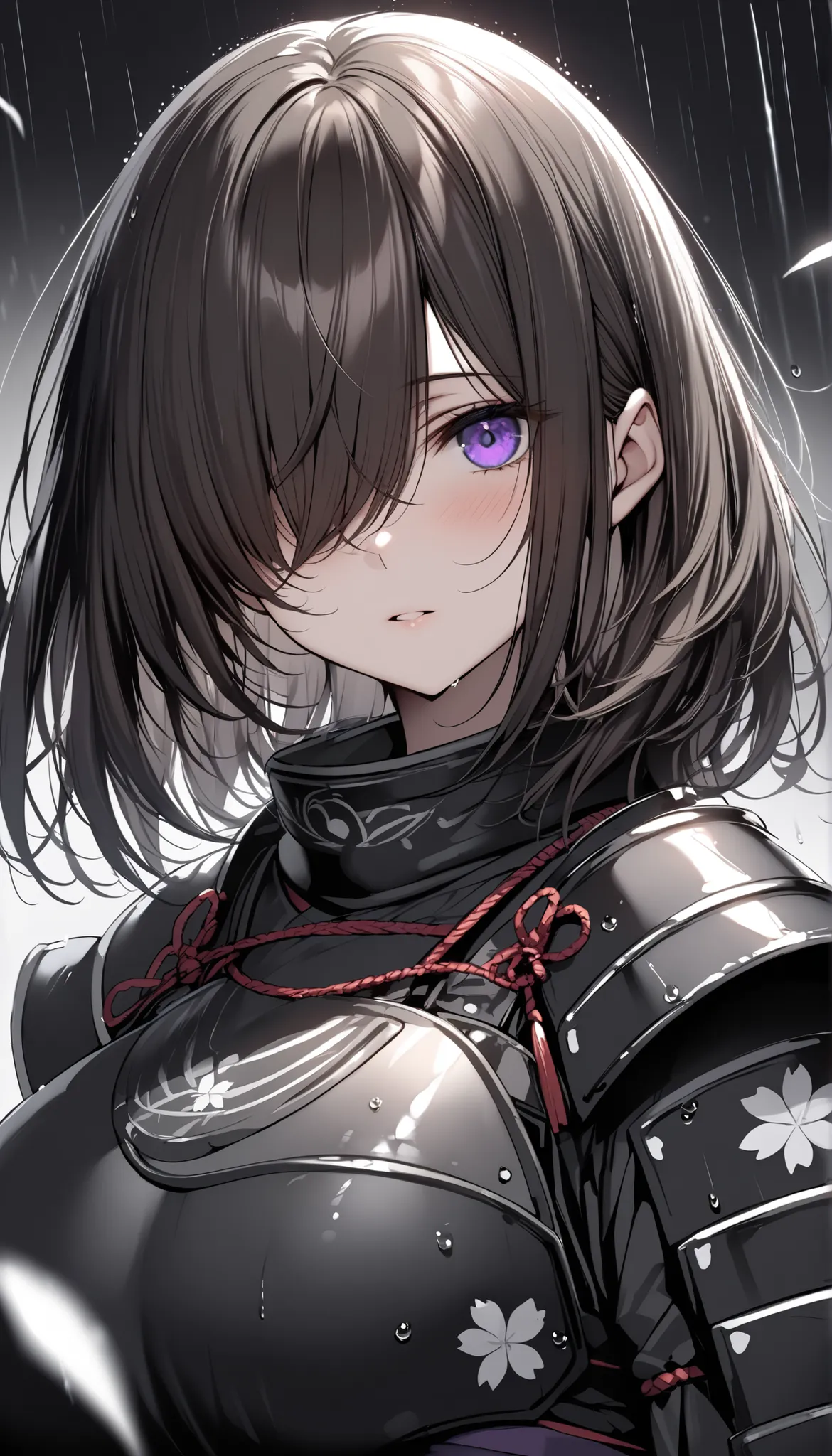 (masterpiece, Highest quality:1.2), (1girl), alone, ((medium hair)),((dark brown hair)), ((straight hair)), ((hair over face)), (hair over one eye), (hair over right eye), purple eyes, (huge breast), high detail, bloom, ((detailed face)), (beautiful effect...