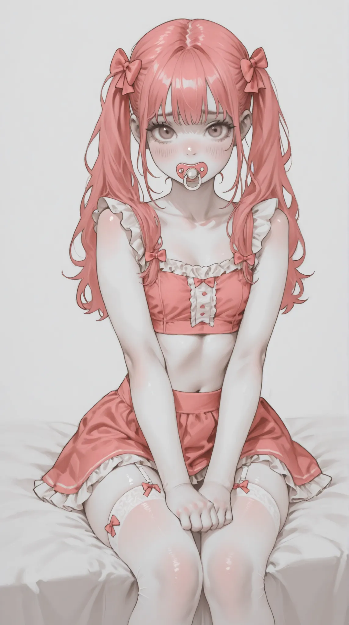 doll-like girl, submissive pose, wearing a short frilly pink top and a mini skirt, pacifier in mouth, thigh-high stockings with bows, hands folded politely, sitting on bed, shy expression, bows in hair, slender and petite body, sketch style, hand-drawn, mo...