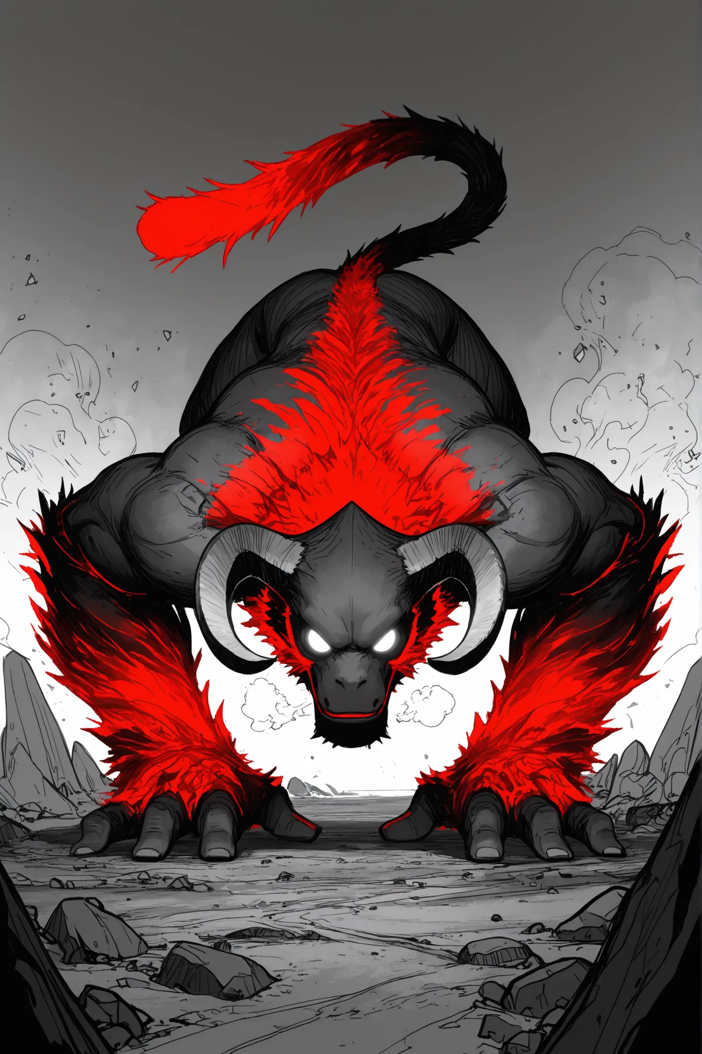 Game monster, sketch, concept art, monkey mandrill, bright color,  Breath steam, black and red furr, white eyes, round eyes , glowing eyes, muscular, on plain white canvas, rough, thin lines, 2d, concepts art, On all fours, large, wide front arms, and smal...