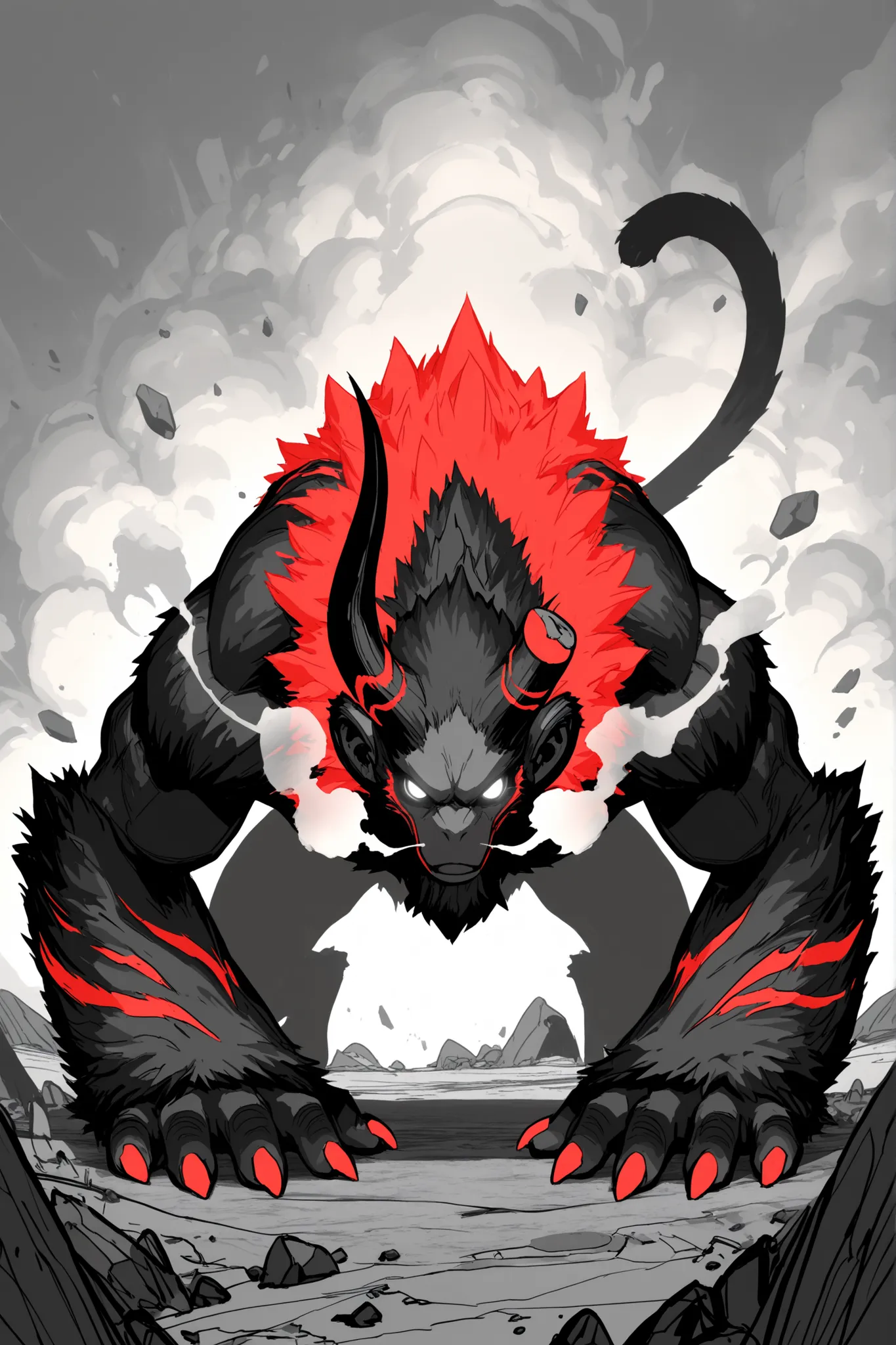 Game monster, sketch, concept art, monkey mandrill, bright color,  Breath steam, black and red furr, white eyes, round eyes , glowing eyes, muscular, on plain white canvas, rough, thin lines, 2d, concepts art, On all fours, large, wide front arms, and smal...