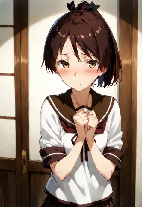 Shikinami (KANCOLLE), 
 一人の女の子, 一人で, 笑顔, 
shikinamiKC, 1girl, solo,skirt, school uniform, ponytail, pleated skirt, serafuku, brown skirt, sailor collar,brown sailor collar,



