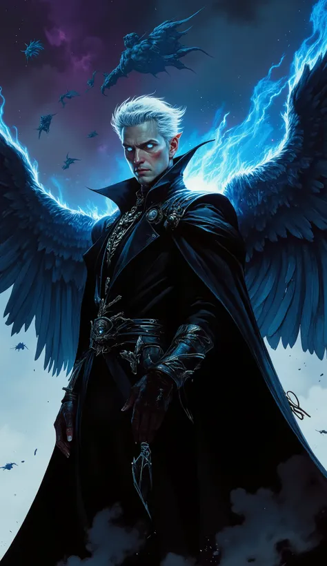 Hyperreal Cinematic Full body shot of a confident man with short, white hair and bright blue eyes that glow behind sharp aquiline facial features. He is impeccably dressed in a sleek, black, high-collared coat and tailored ves twith intricate angelic scri...