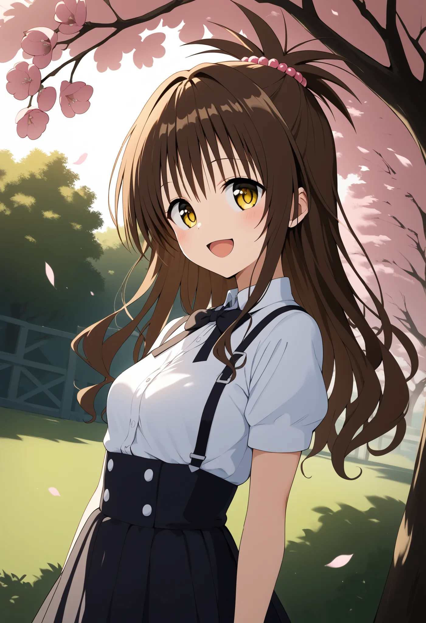 score_9, score_8_up, score_7_up, score_6_up, score_5_up, score_4_up, source_anime, in the morning, solo, long hair, brown hair, top knot, hair bobble, yellow eyes, small breasts,  suspender skirt, High Waist Skirt, smile, open your mouth, standing, cowboy ...