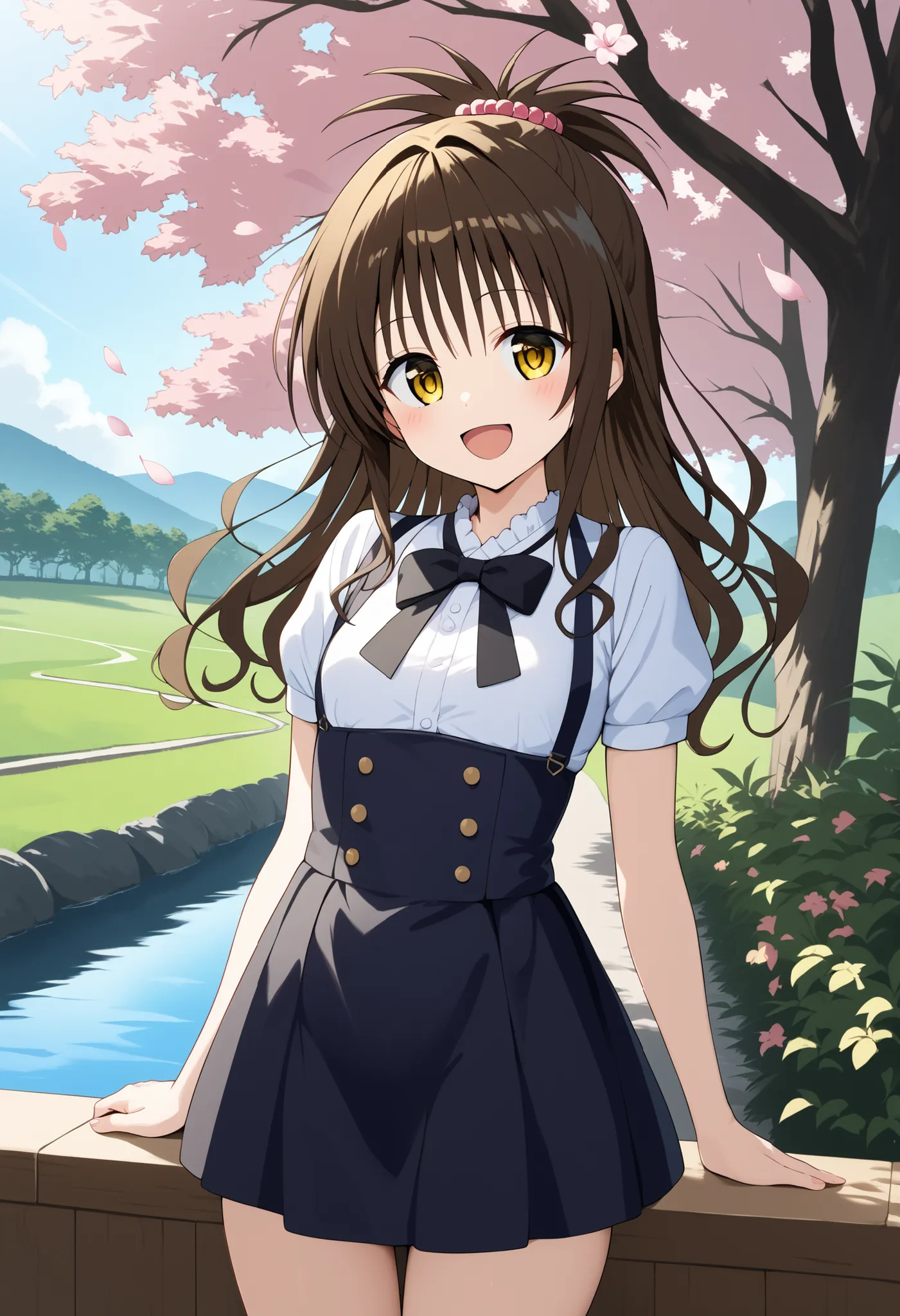 score_9, score_8_up, score_7_up, score_6_up, score_5_up, score_4_up, source_anime, in the morning, solo, long hair, brown hair, top knot, hair bobble, yellow eyes, small breasts,  suspender skirt, High Waist Skirt, smile, open your mouth, standing, cowboy ...