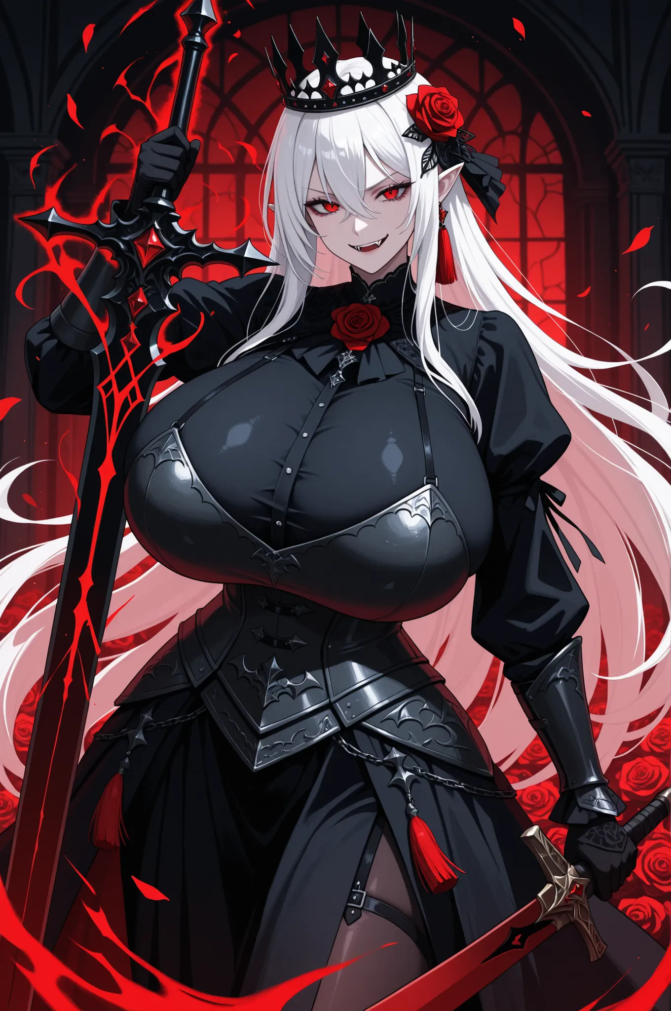 masterpiece,best quality,amazing quality,very aesthetic,absurdres,newest,1girl,bangs,vampire fangs,pointed ears,roses,hair between eyes,hair rose,hair ornament,holding,gigantic breasts,heavy medieval armor,long white hair,long sleeves,looking at viewer, re...
