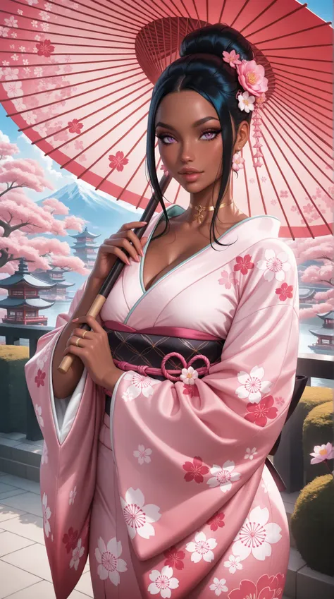 (TangoBat:0.7),(Sakimichan:0.7), A beautiful, dark-skinned woman in a traditional Japanese kimono, adorned with delicate pink cherry blossom patterns, stands under a large, ornate paper umbrella.  The image is detailed, vibrant with a soft, color-rich pale...