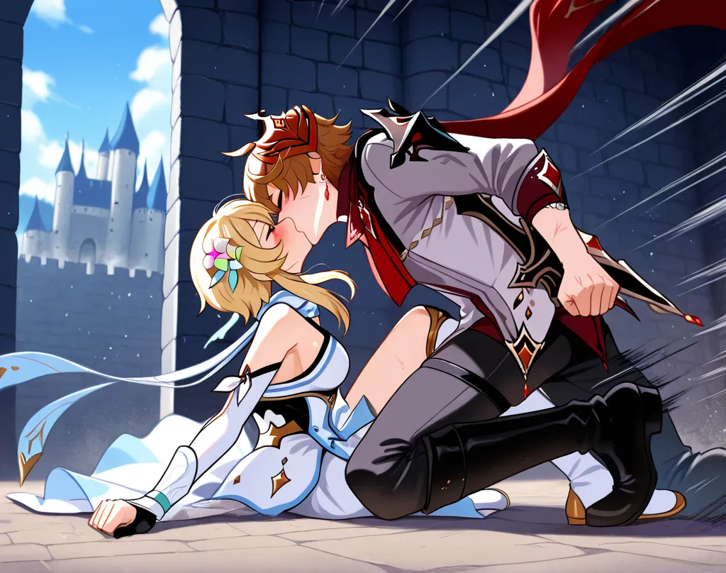 Tartaglia pinning Lumine against the floor, kissing, rough, castle, dynamic motion, struggle, fighting, best quality, defeated Lumine