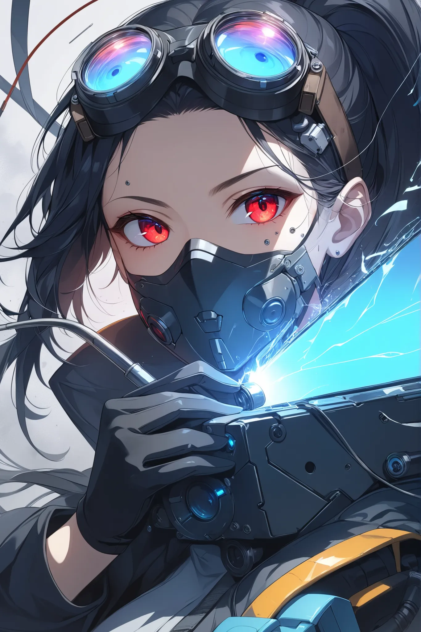 ((masterpiece)), ((RAW 4K)), ((anime-real fusion)), ((extreme detail)), ((extreme cloth detail)), ((extreme eye detail)), ((beautiful face)), cyberpunk female engineer with black high ponytail, glowing red eyes, circular engineer goggles pushed up on foreh...