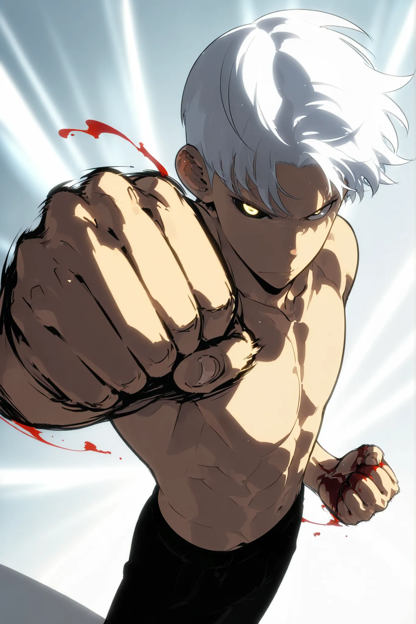 Handsome, Athletic, alone, male, Short spicky hair, long white hair, black yellow eye, no shirt, black pants, , intricate sketch, expressive eyes nose and mouth, Abs, simple pose, clench fist, martial art stance, blood on his fists , perfect Anatomy , punc...