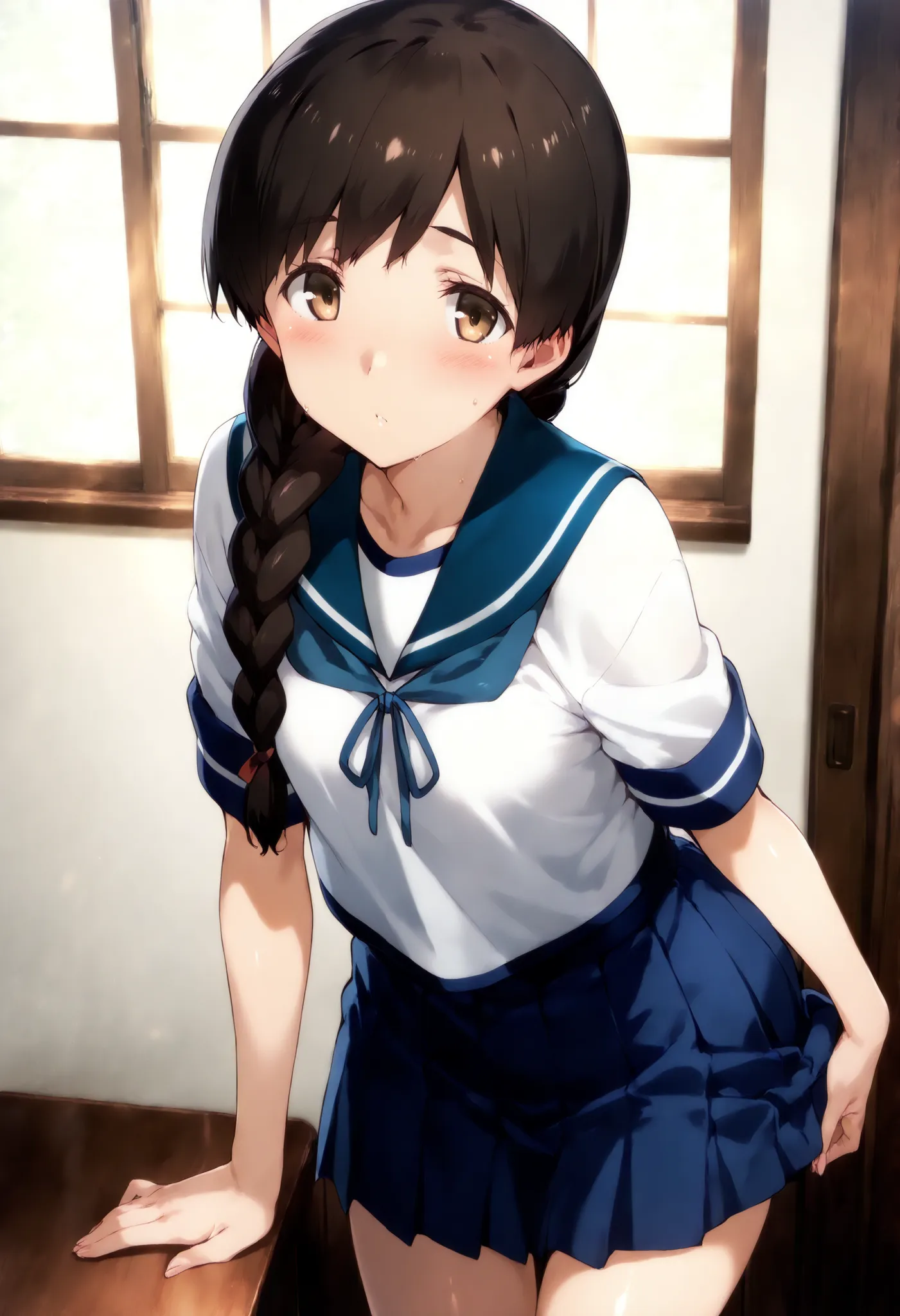 Uranami (KANCOLLE), 一人の女の子, 一人で, 笑顔,
uranamiKC, 1girl, solo, long hair,skirt, school uniform, braid, pleated skirt, serafuku, blue skirt, neckerchief, single braid, blue sailor collar, hair over shoulder