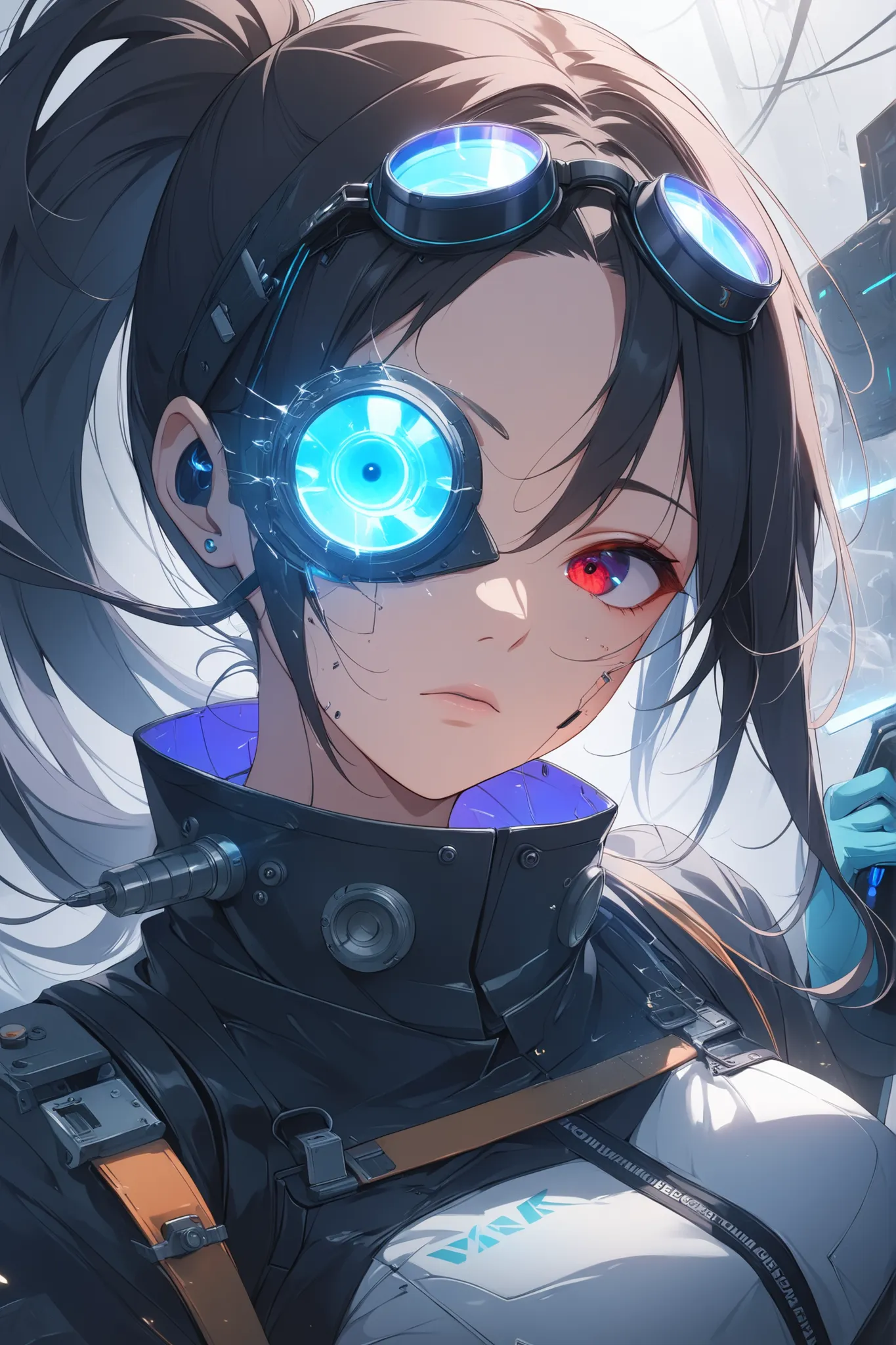 ((masterpiece)), ((RAW 4K)), ((anime-real fusion)), ((extreme detail)), ((extreme cloth detail)), ((extreme eye detail)), ((beautiful face)), cyberpunk female engineer with black high ponytail, glowing red eyes, circular engineer goggles pushed up on foreh...