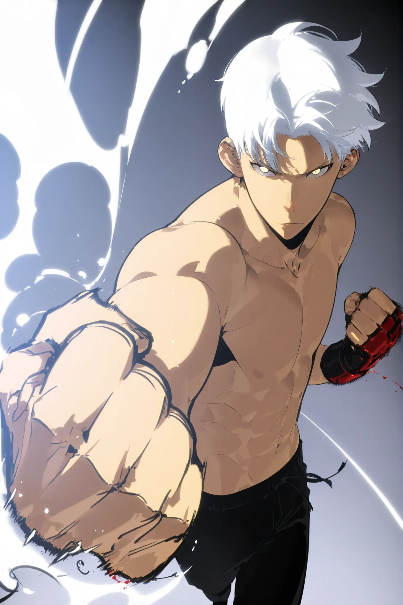 Handsome, Athletic, alone, male, Short spicky hair, long white hair, black yellow eye, no shirt, black pants, , intricate sketch, expressive eyes nose and mouth, Abs, simple pose, clench fist, martial art stance, blood on his fists , perfect Anatomy , punc...