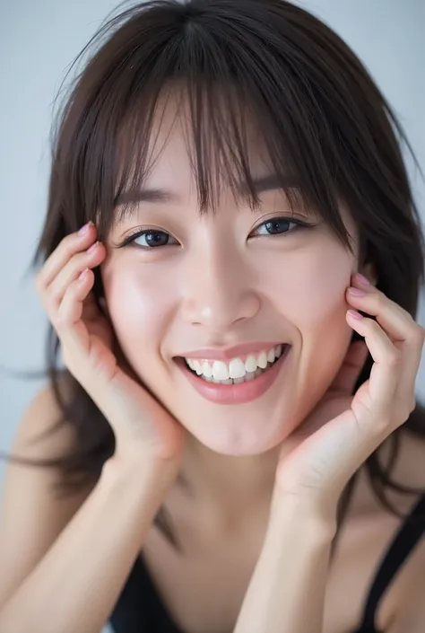 An extreme ultra close-up portrait of a stunningly beautiful young Japanese woman in her early twenties. Her face fills 95% of the frame, captured in cinematic soft lighting. She has a warm skin tone with flushed cheeks, porcelain-smooth complexion, visibl...