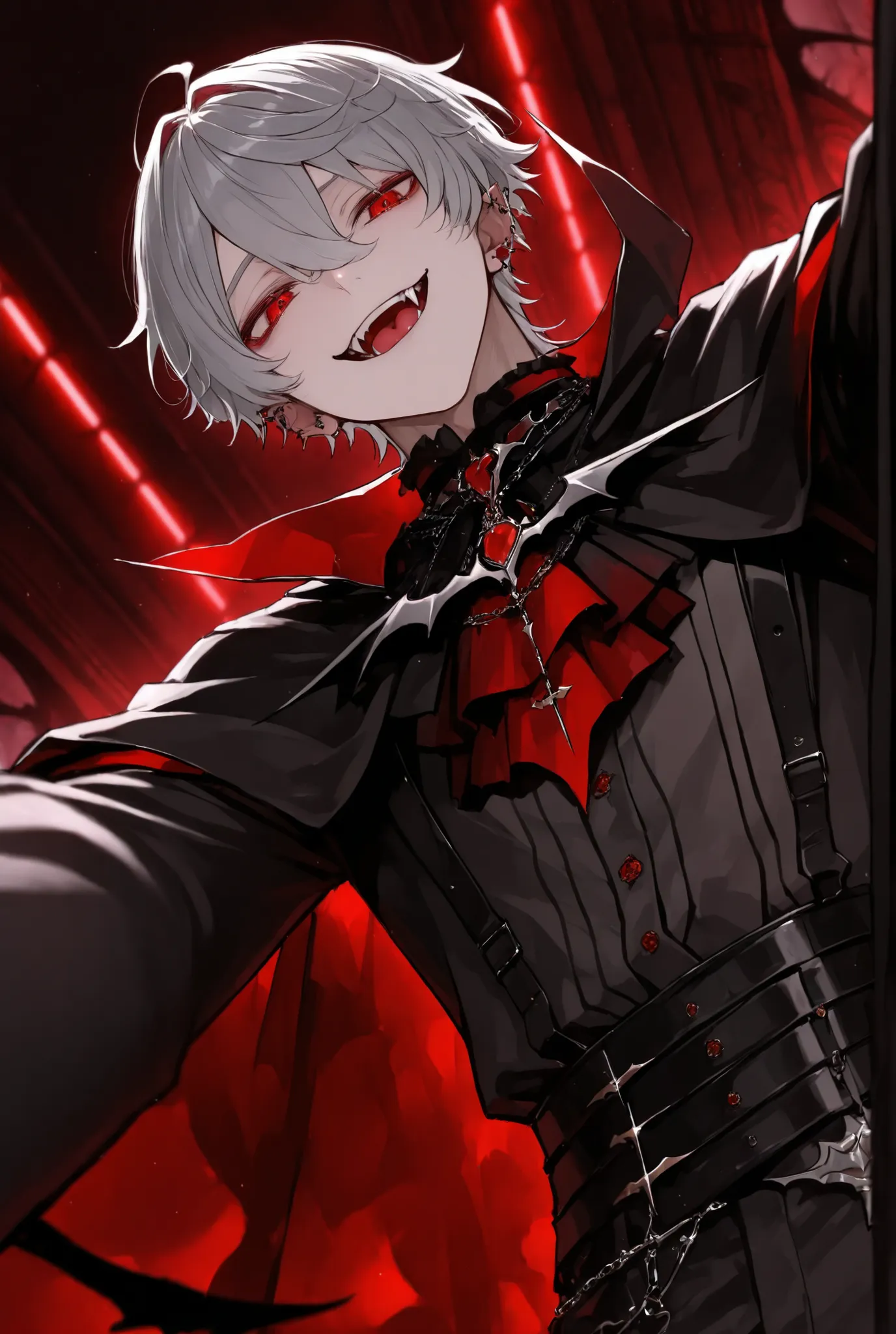 boy、Gray Hair、red eyes、vampire、looking from below