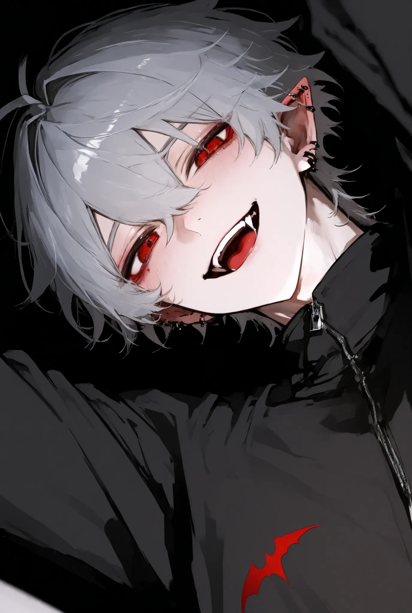 boy、Gray Hair、red eyes、vampire、black jersey、looking from below
