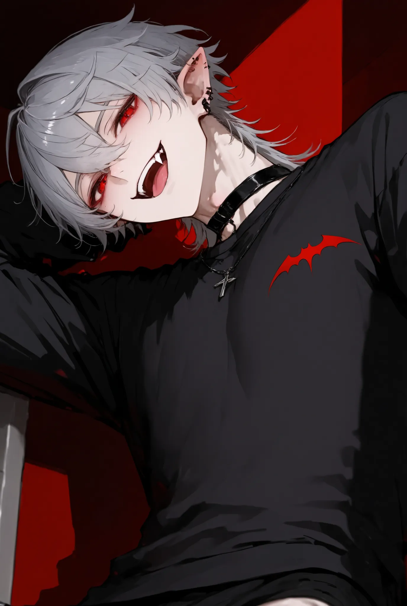 boy、Gray Hair、red eyes、vampire、black jersey、looking from below