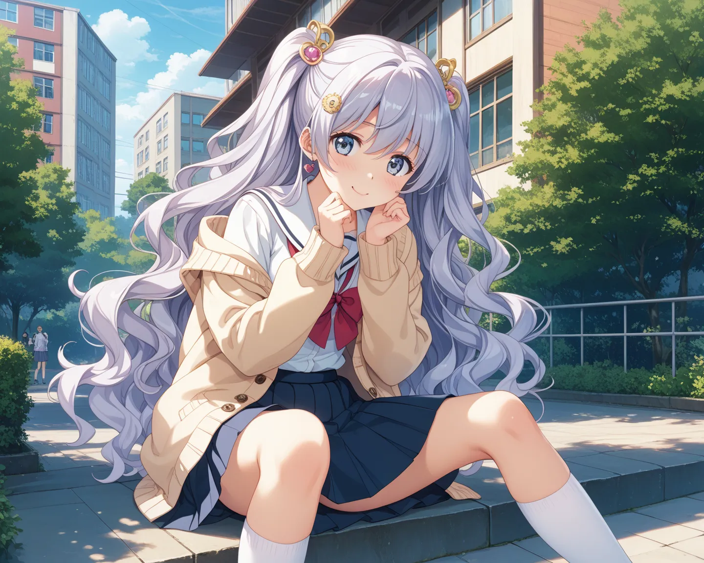 High quality,ultra detailed,best quality,insanely detailed,beautiful,masterpiece,
１人の女の子、silver Very long hair,Wavy hair,Hair ornament、銀髪の長い睫毛、（異色症、黄色の目、茶色の目）、中ぐらい胸、小さい尻、
ピンクのパンティー、School uniform,cardigan,cozy and casual with pastel colors,pleated shirt,and knee-high socks,教室、立ち姿、下から、笑顔、
worst quality,ugly,bad anatomy,jpeg artifacts