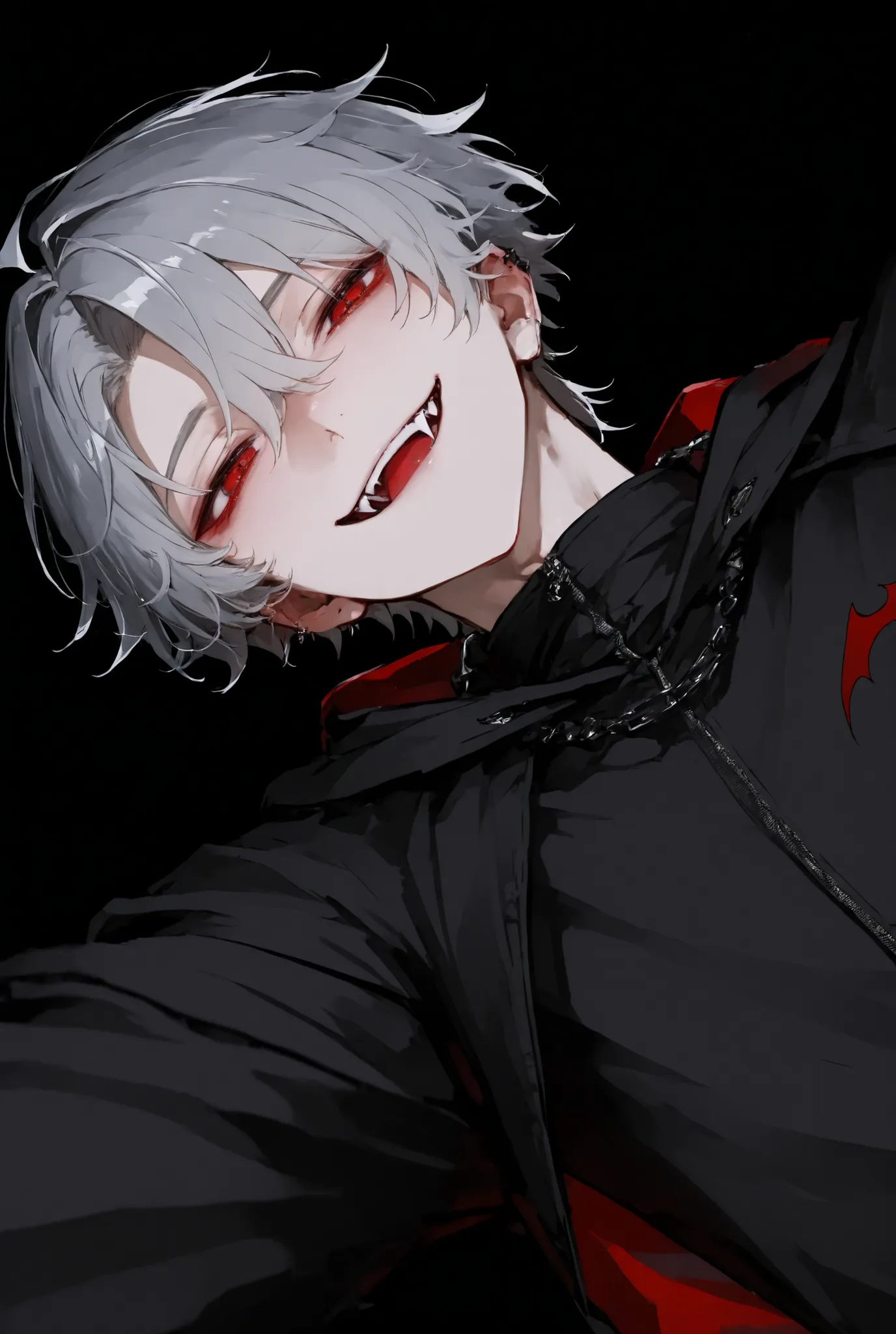 boy、Gray Hair、red eyes、vampire、black jersey、looking from below、black background