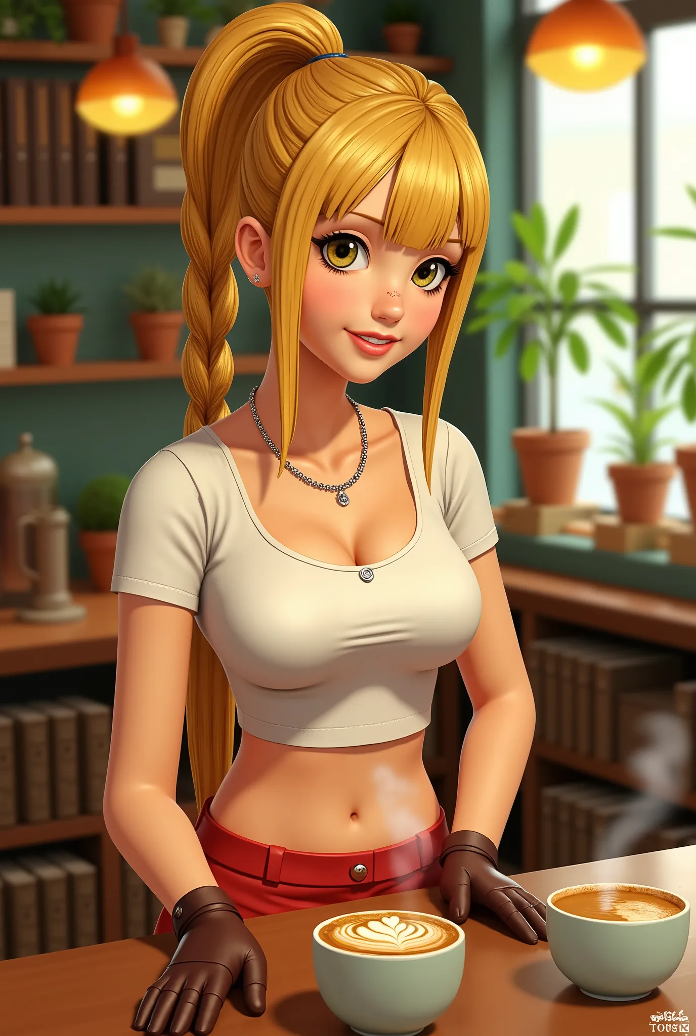 Semirealistischer 2.5D -Stil , Retro-Anime-Stil , 1 Frau , solo , reife Frau , kdecc , (slim and slim body) , gelbes Haar , hoher Pferdeschwanz , braided ponytail , (Gesichtsfleck) , Halskette , white crop top , tight-fitting red undershirt , very small br...