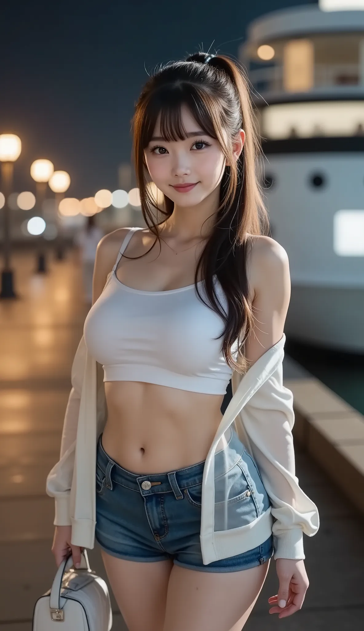 ((Draw the whole body:1.5))、petite young Japanese women、((dating))、(Pier at night)、Super large cruise ship in the background、Night view and streetlight、(upper eye use)、smile、blur background、((sheer white cardigan))、(white inner shirt)、(denim miniskirt)、(Ti...