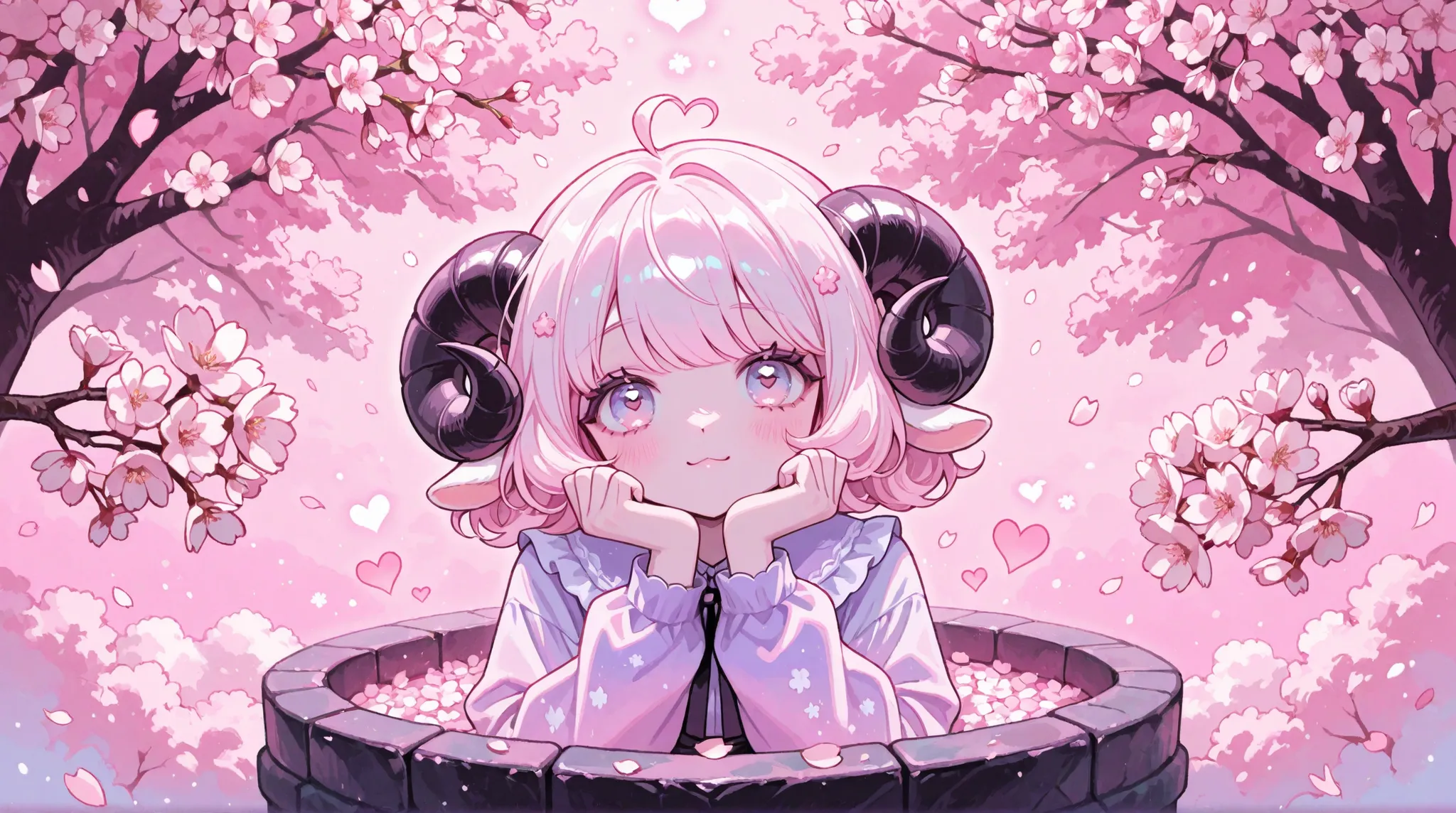 Cute cartoon/ Sheep woman, pink aesthetic background, heart, cherry blossoms, well lit,  pastel goth