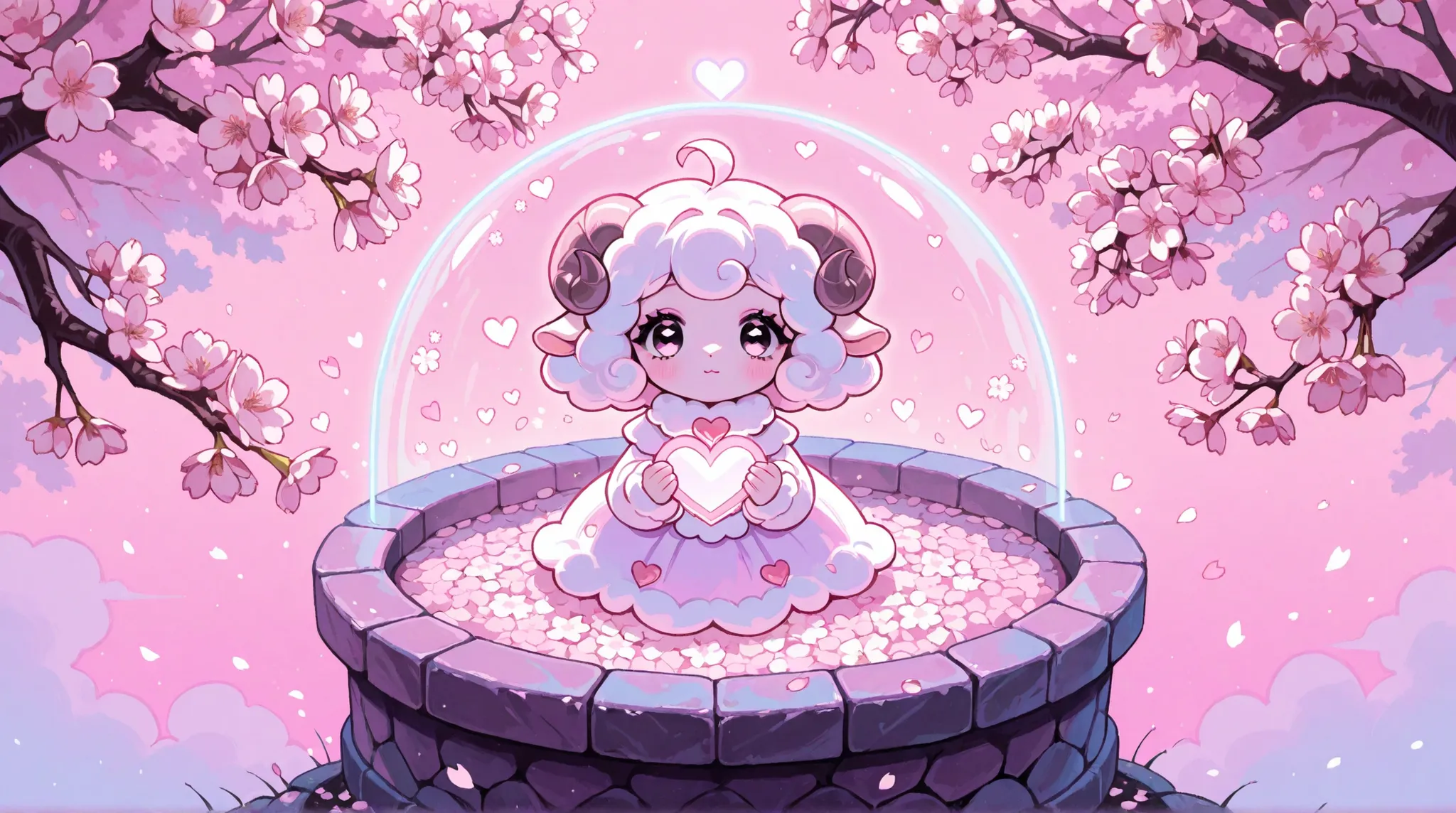 Cute cartoon/ Sheep woman, pink aesthetic background, heart, cherry blossoms, well lit,  pastel goth