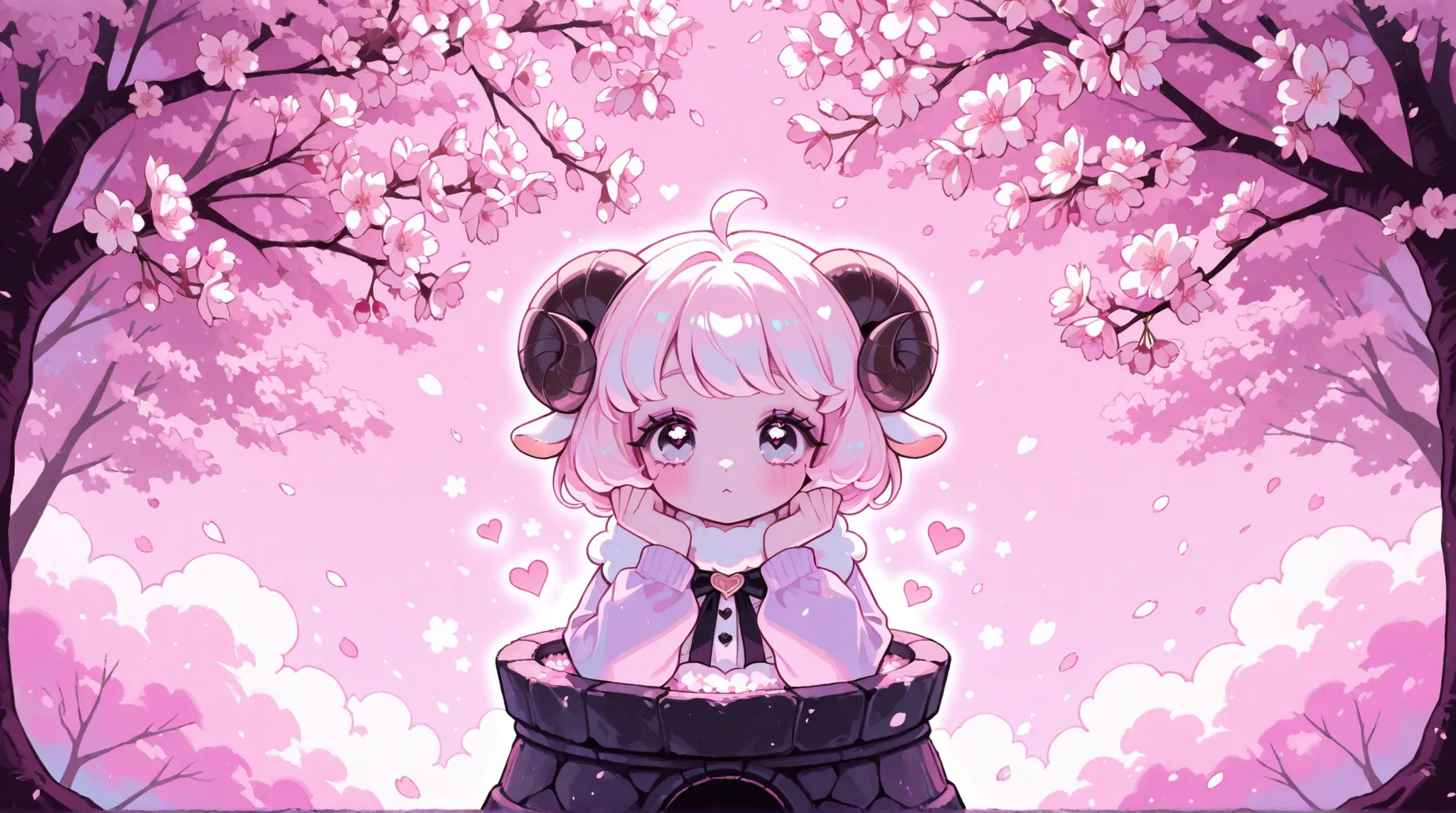 Cute cartoon/ Sheep woman, pink aesthetic background, heart, cherry blossoms, well lit,  pastel goth