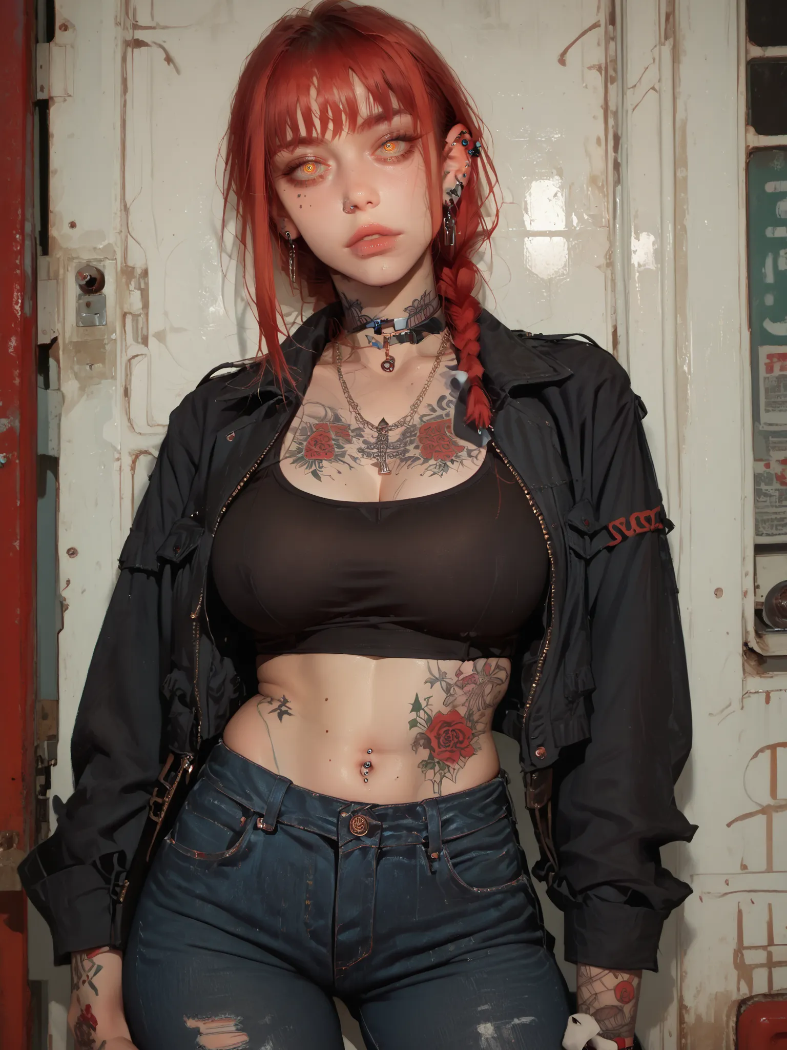 ,Makima (chainsaw man), 1girl, jewelry, solo, tattoo, piercing, earrings, red hair, necklace, pants, ringed eyes, large breasts, ear piercing, jacket, choker, blurry, ring, blurry background, low slung jeans, hip hugger jeans, single braid ponytail
