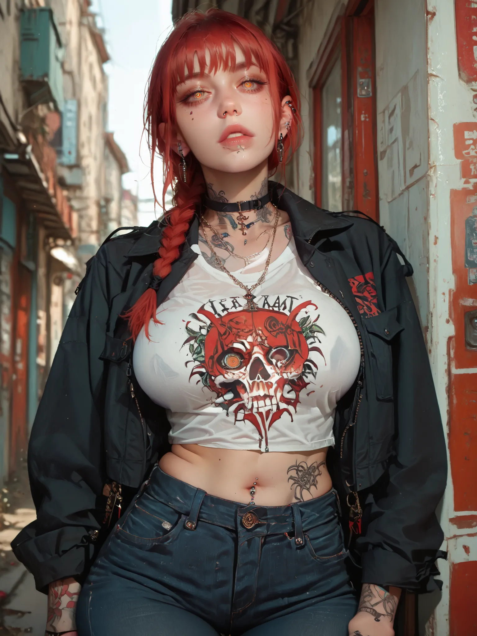 ,Makima (chainsaw man), 1girl, jewelry, solo, tattoo, piercing, earrings, red hair, necklace, pants, ringed eyes, large breasts, ear piercing, jacket, choker, blurry, ring, blurry background, low slung jeans, hip hugger jeans, single braid ponytail
