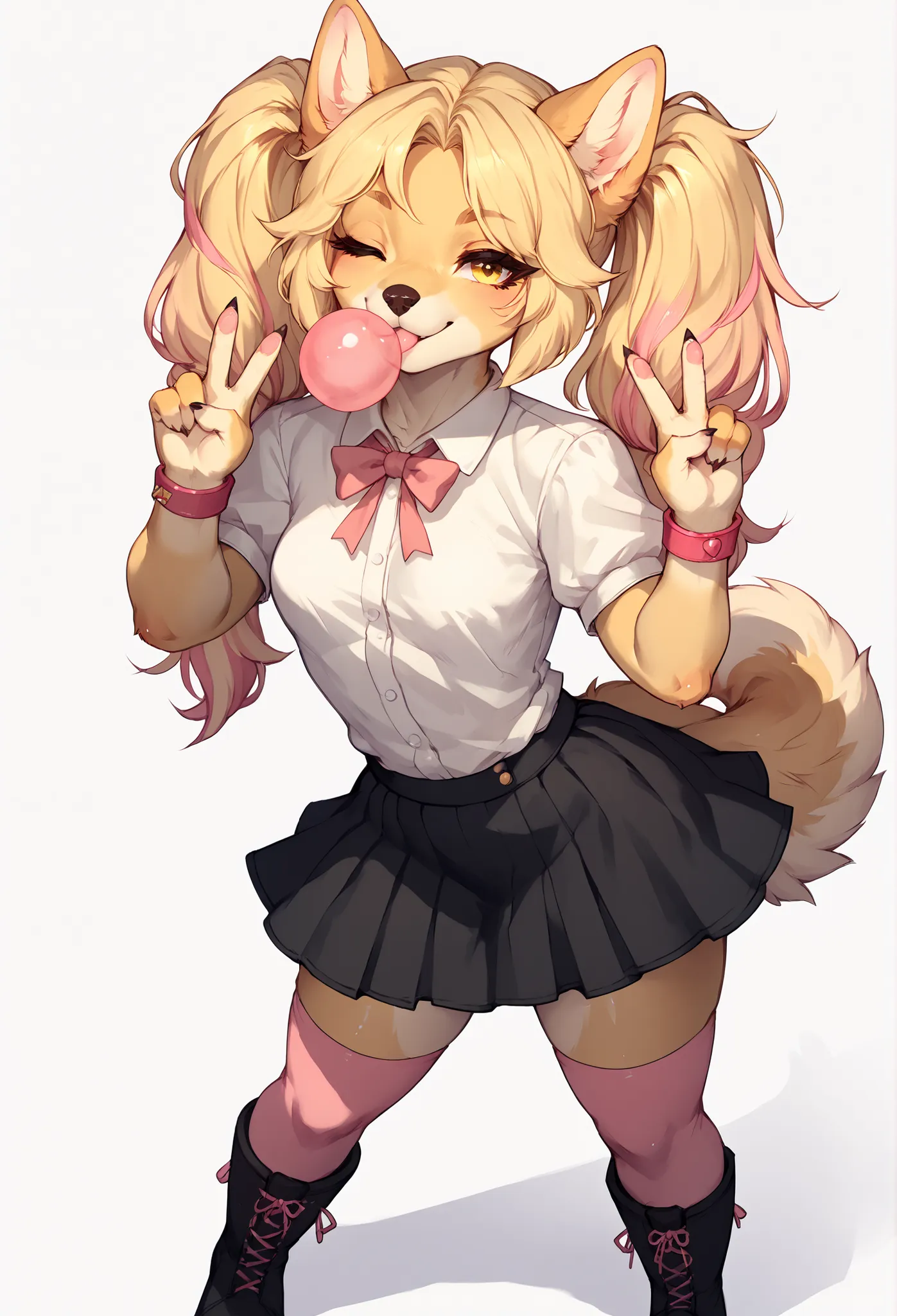 Solo, score_9,score_8_up,score_7_up, Anthro, Anthro furry blonde Labrador girl, blonde fur, long blonde hair, hair in pigtails, pink highlights in hair, yellow eyes, winking, one eye closed, smiling, Labrador ears and tail, she is wearing white preppy blou...