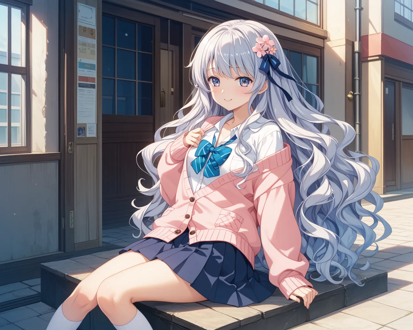 High quality,ultra detailed,best quality,insanely detailed,beautiful,masterpiece,
１人の女の子、silver Very long hair,Wavy hair,Hair ornament、銀髪の長い睫毛、（異色症、金色の目、水色の目）、中ぐらい胸、小さい尻、
ピンクのパンティー、School uniform,cardigan,cozy and casual with pastel colors,pleated shirt,and knee-high socks,教室、立ち姿、下から、笑顔、
worst quality,ugly,bad anatomy,jpeg artifacts