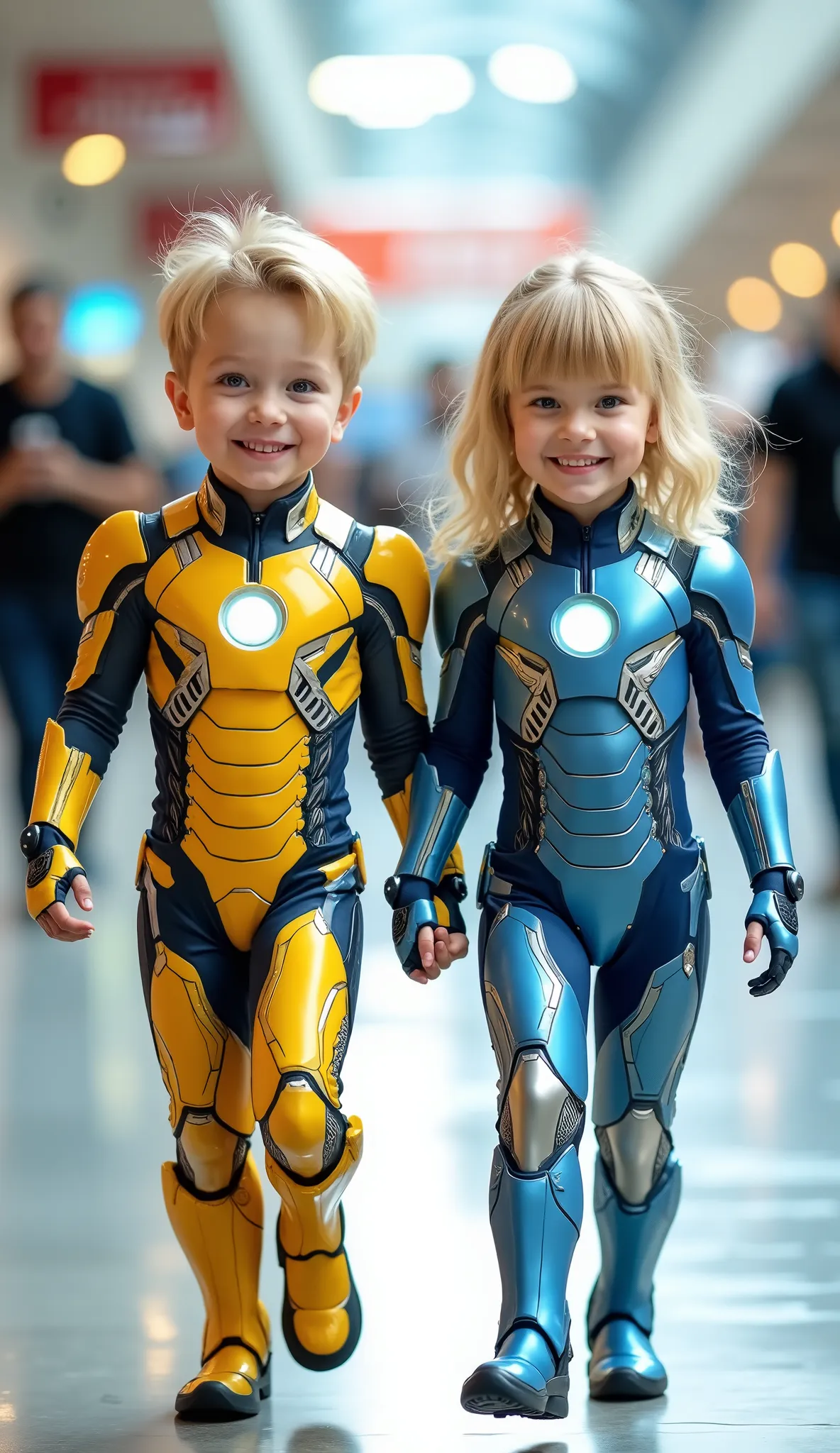 character: 1 baby boy blonde hair Wearing futuristic yellow ironman body suit with blue silver armor futuristic white accents, and 1 baby girl blonde hair with bangs Wearing futuristic light blue Ironman body suit with gold silver armor futuristic white a...