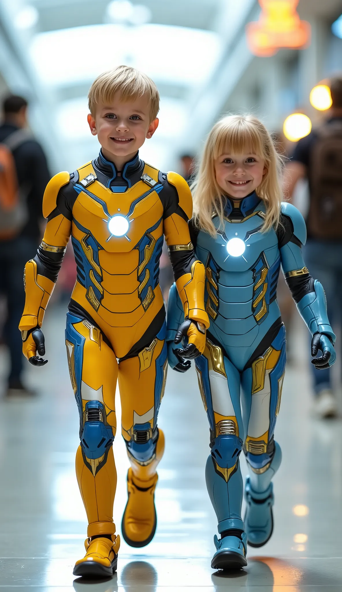 character: 1 baby boy blonde hair Wearing futuristic yellow ironman body suit with blue silver armor futuristic white accents, and 1 baby girl blonde hair with bangs Wearing futuristic light blue Ironman body suit with gold silver armor futuristic white a...